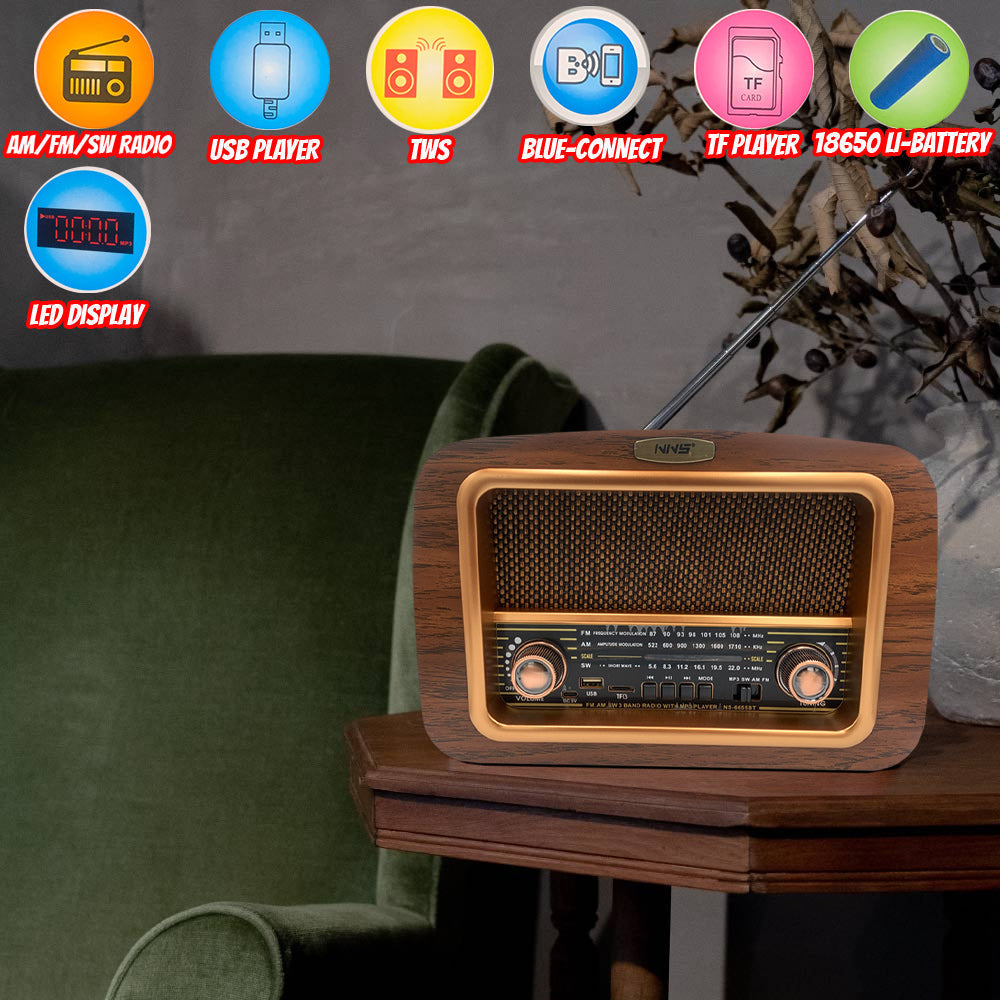 راديو AM/FM خارجي خشبي كلاسيكي عتيق الطراز NS-6655BT