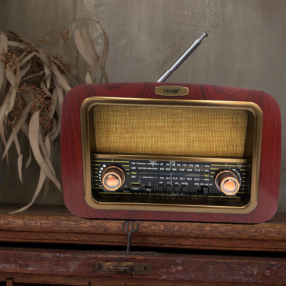 راديو AM/FM خارجي خشبي كلاسيكي عتيق الطراز NS-6655BT