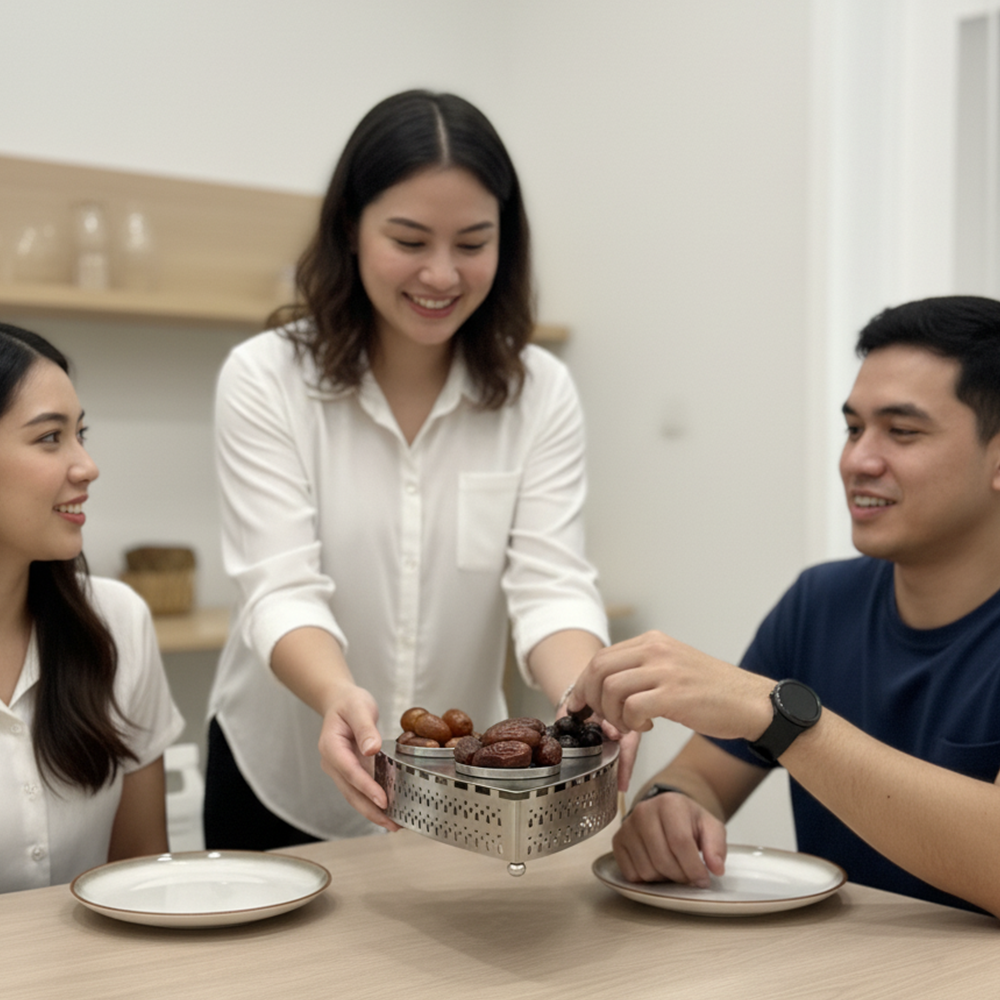 صينية مع تمرية ثلاثية معدنية بنقوش هندسية