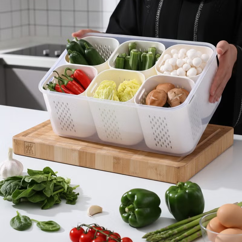 علبة حفظ وتنظيم الخضار مع سلة تصريف