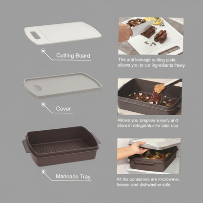 علبة التتبيلة والطعام ولوح التقطيع