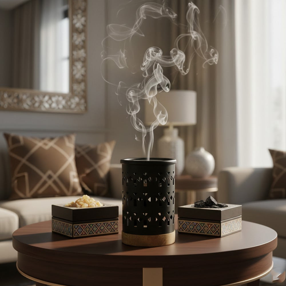 مبخر معدني بقاعدة خشبية