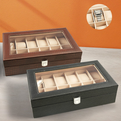 صندوق عرض ساعات من جلد التمساح مع غطاء زجاجي - 12 فتحة