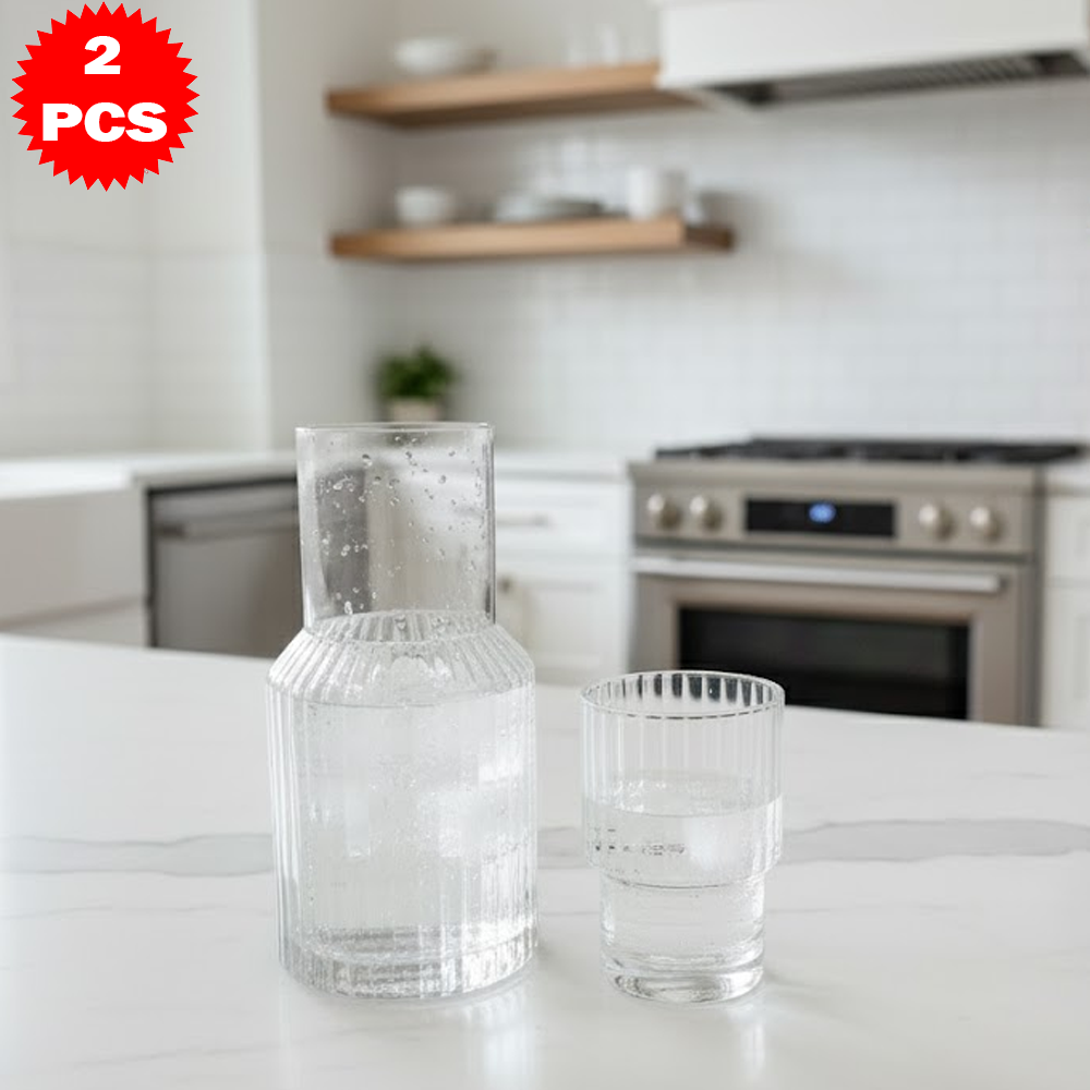 طقم قارورة وكوب زجاجي محزز