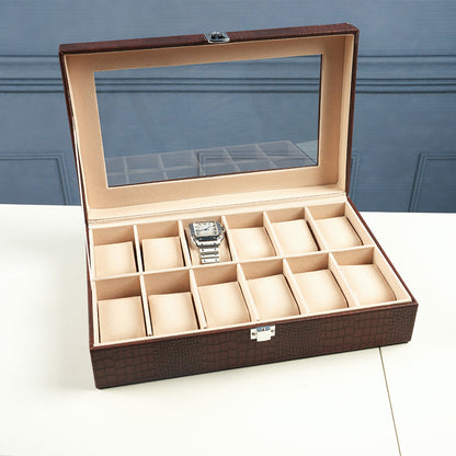 صندوق عرض ساعات من جلد التمساح مع غطاء زجاجي - 12 فتحة