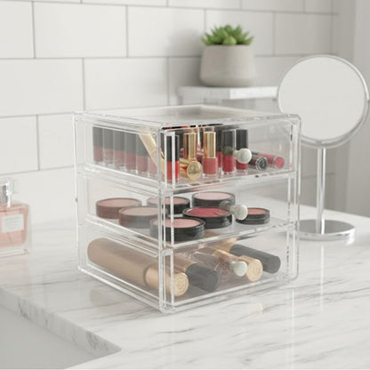منظم مكياج أكريليك شفاف بثلاثة أدراج