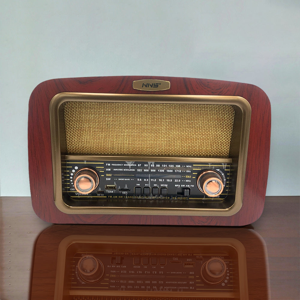 راديو AM/FM خارجي خشبي كلاسيكي عتيق الطراز NS-6655BT