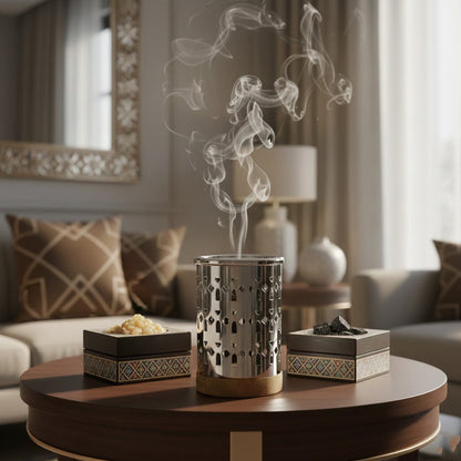 مبخر معدني بقاعدة خشبية