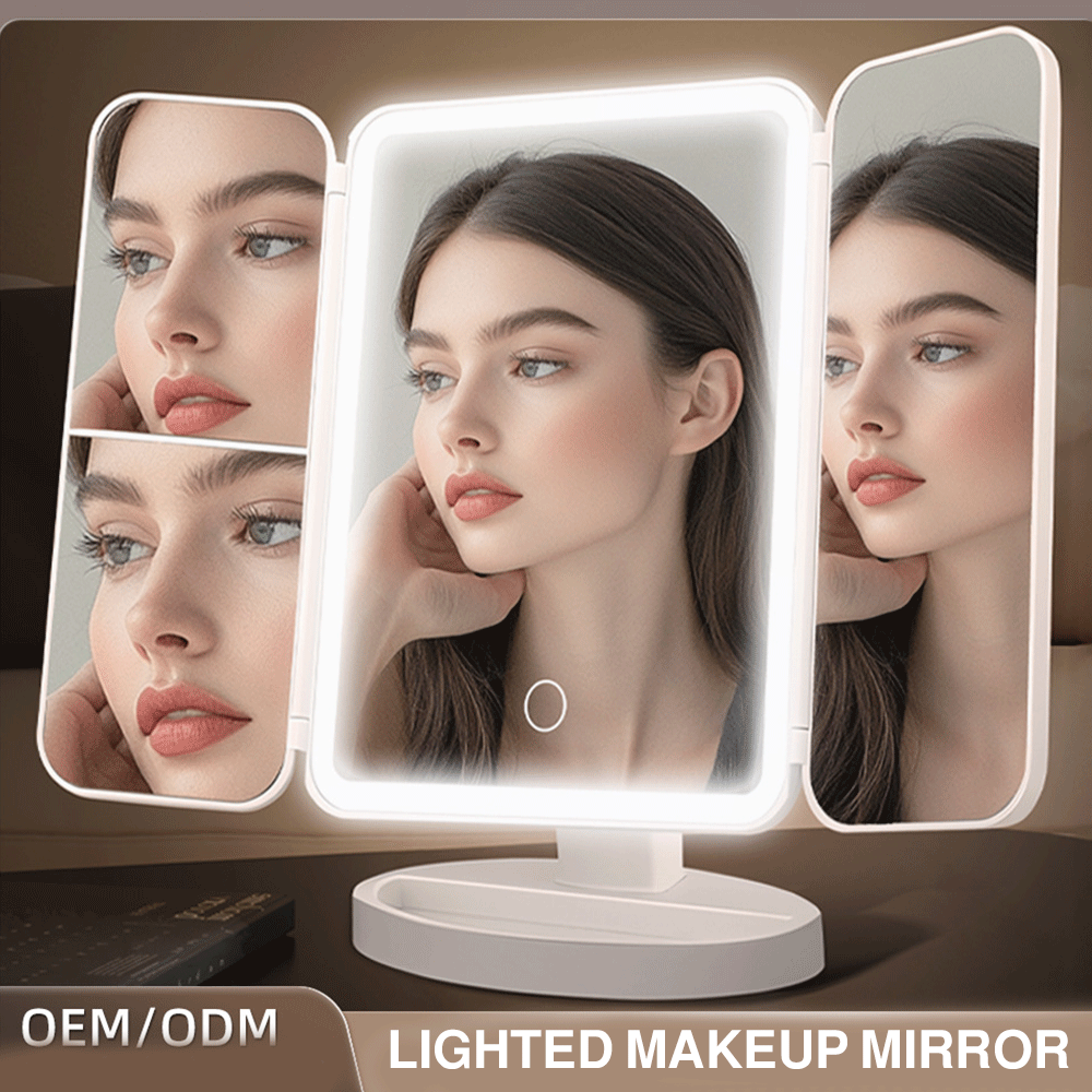 مرآة LED مع مكبرة ثلاثي الطي قابلة للشحن