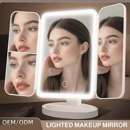 مرآة LED مع مكبرة ثلاثي الطي قابلة للشحن