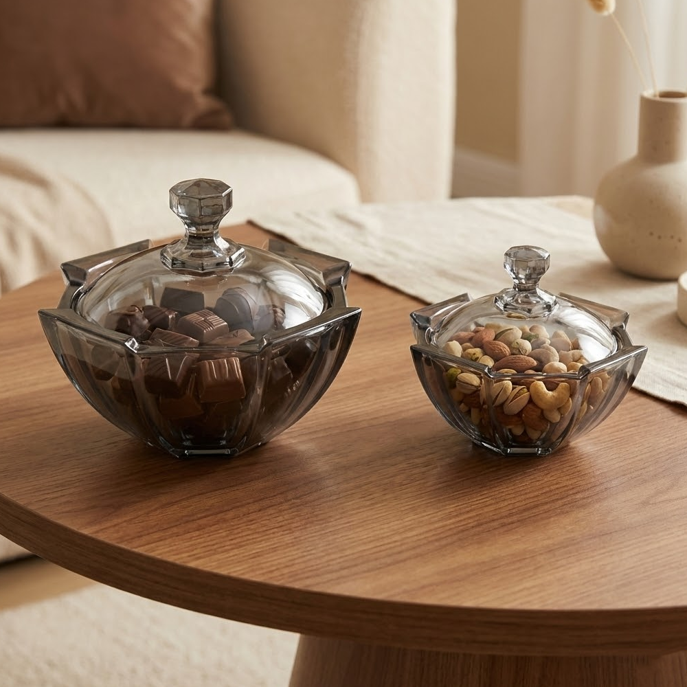 وعاء تقديم زجاجي بغطاء شفاف