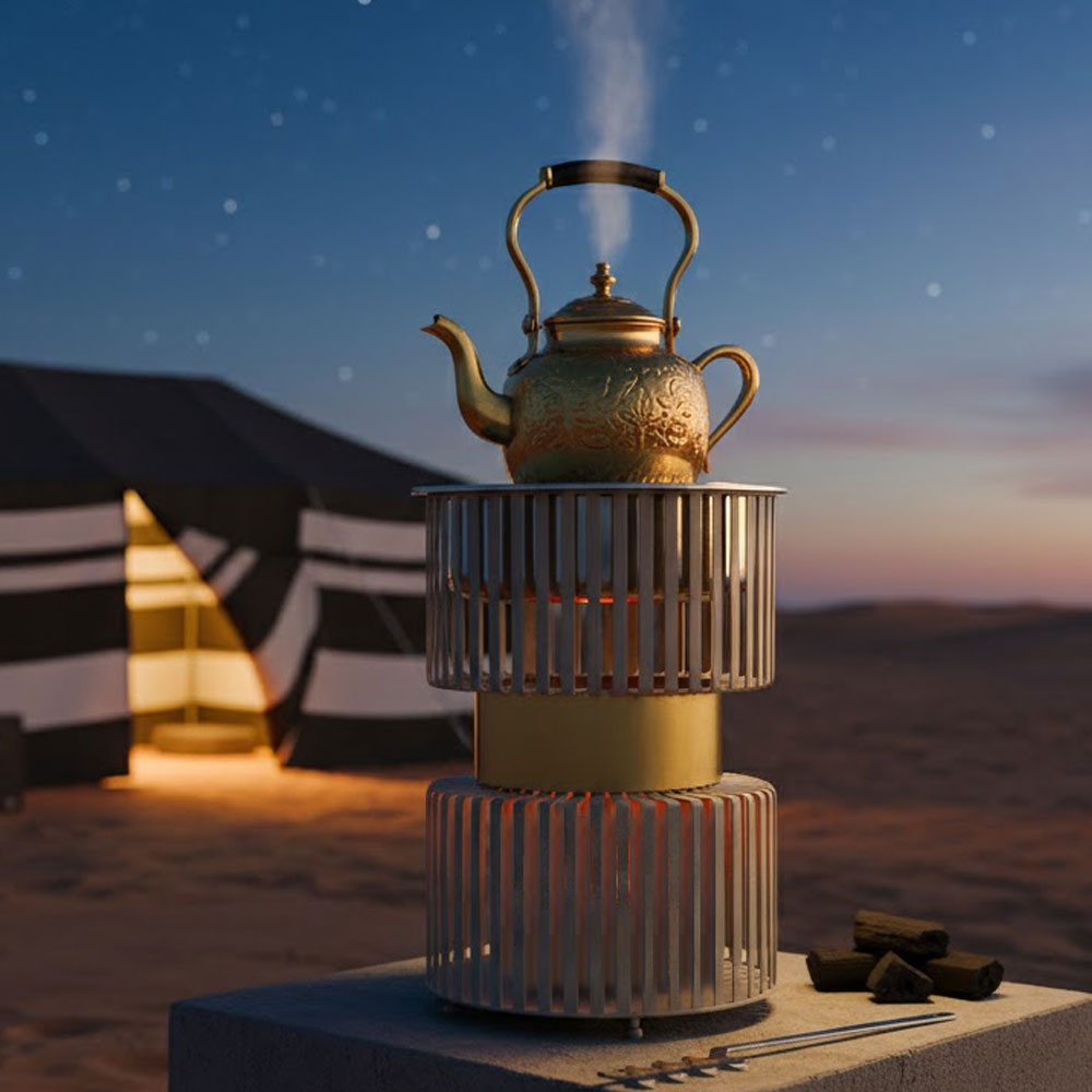 موقد و شواية فحم معدنية بإطار ذهبي
