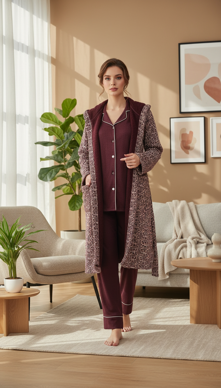 بيجامة نسائي مع روب طويل منقش