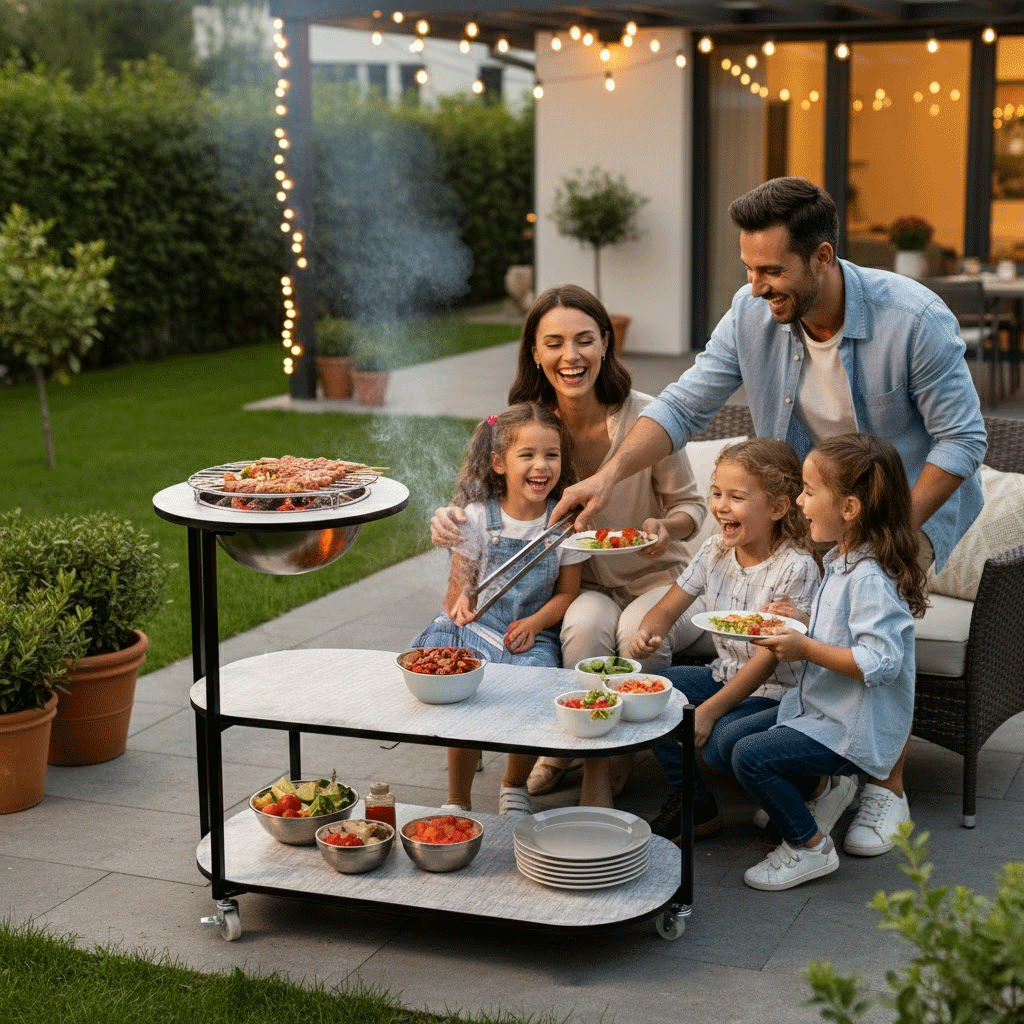 طاولة خشب وعدة شواء معدنية