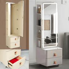 خزانة مع علاقات داخلية وأرفف جانبية وأدراج مع مرآة كاملة مضيئة