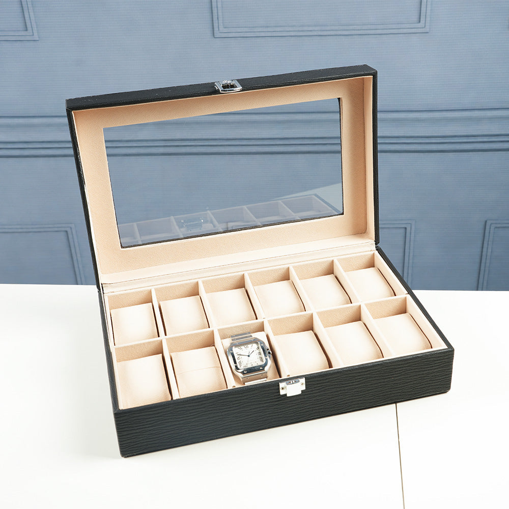 صندوق عرض ساعات من جلد التمساح مع غطاء زجاجي - 12 فتحة