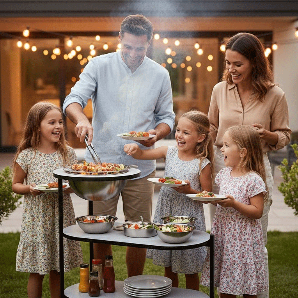 طاولة خشب وعدة شواء معدنية