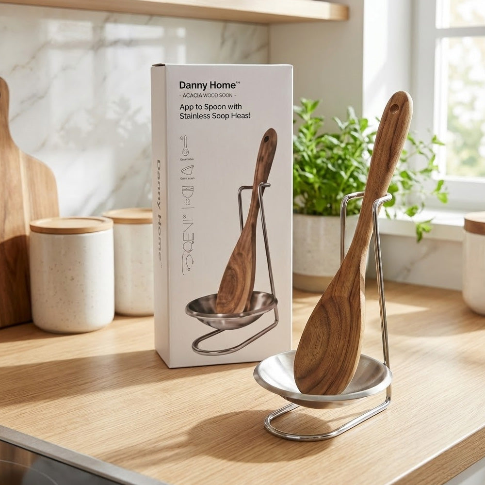 ملعقة خشبية مع حامل فولاذي