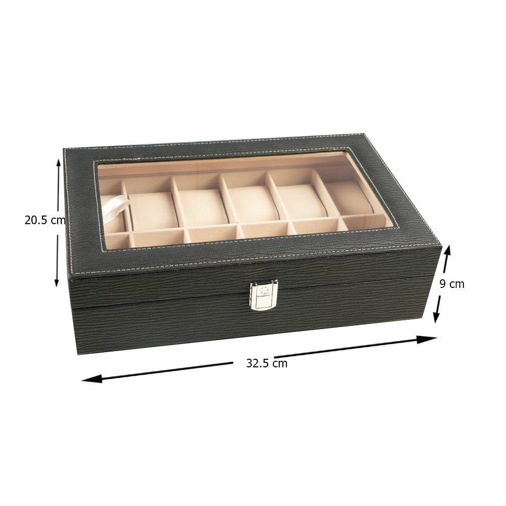 صندوق عرض ساعات من جلد التمساح مع غطاء زجاجي - 12 فتحة