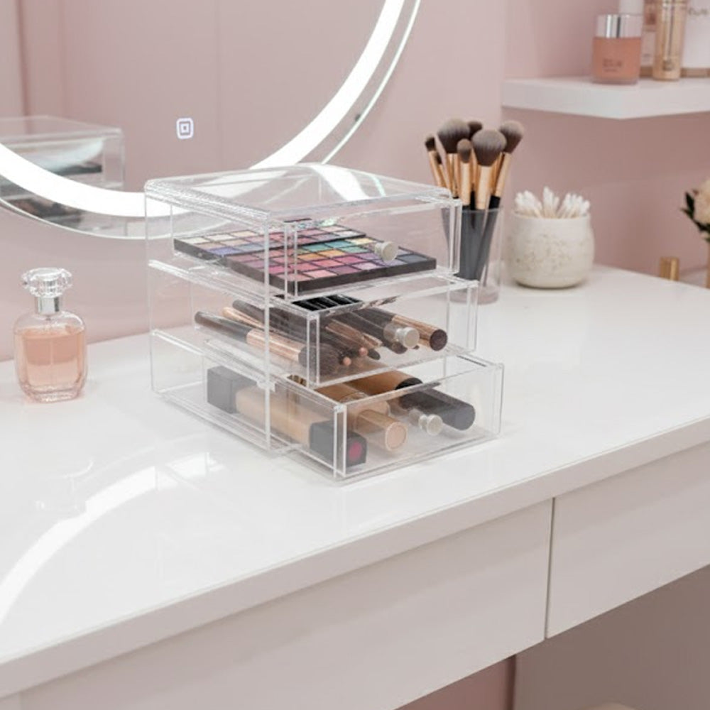 منظم مكياج أكريليك شفاف بثلاثة أدراج