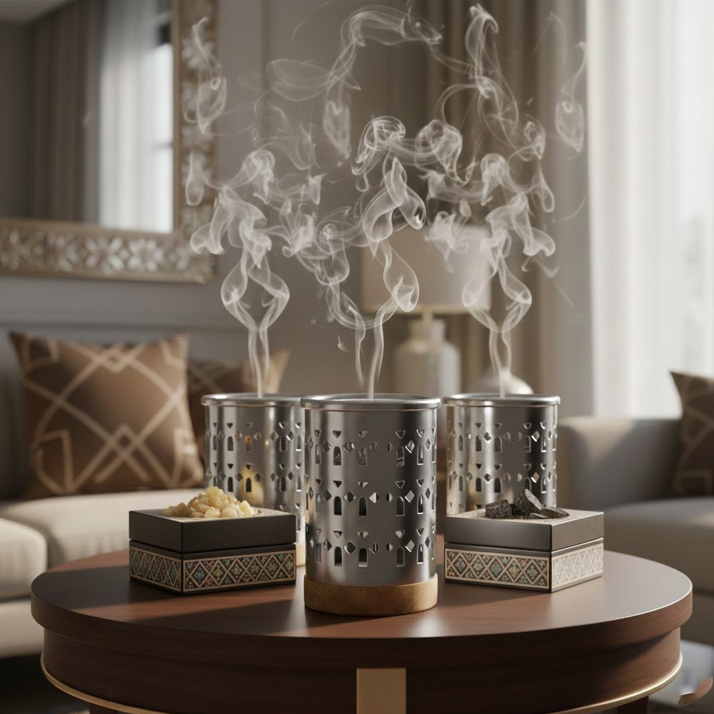 مبخر معدني بقاعدة خشبية