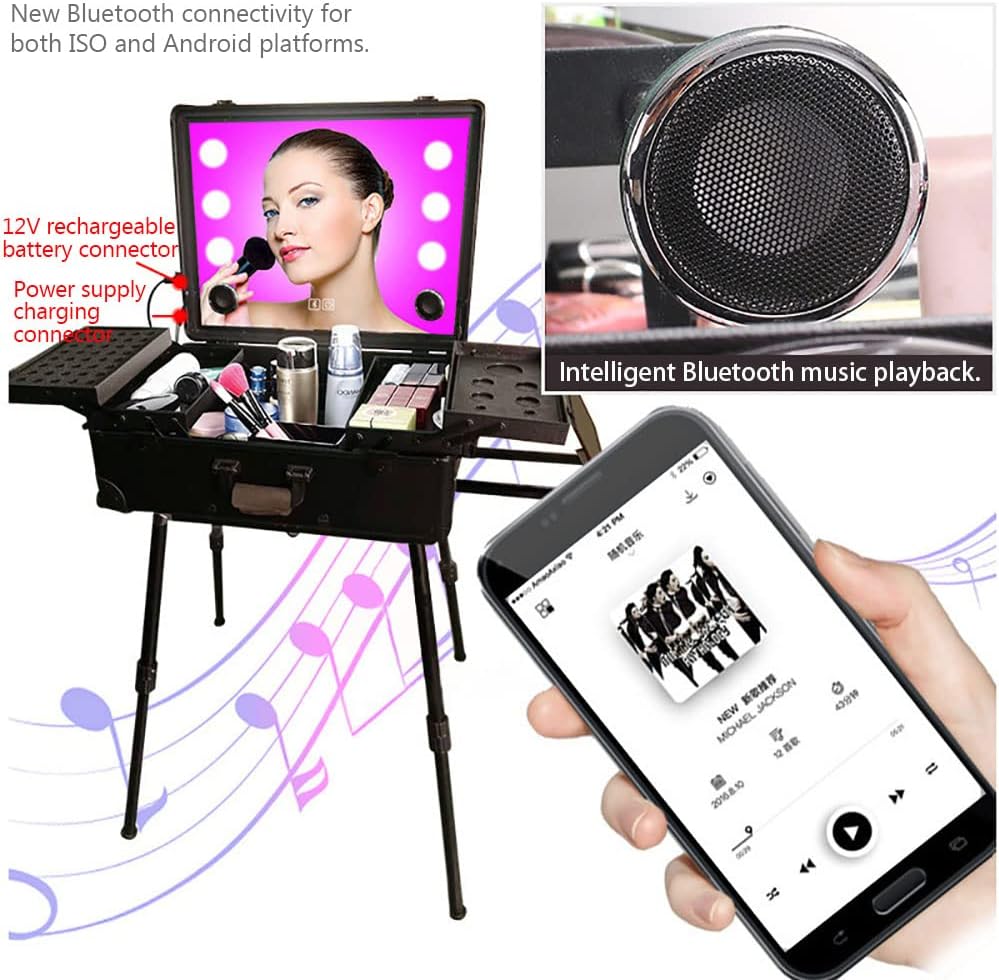 حقيبة لتنظيم مستحضرات التجميل 24 بوصة بإضاءة LED، مكبر صوت، (أسود)