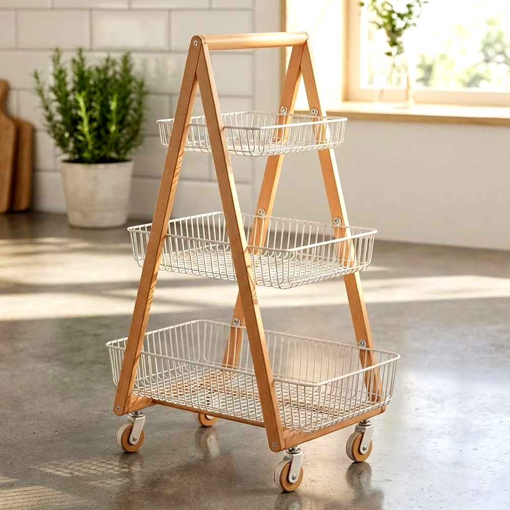 سلة تخزين خشبية بثلاثة أرفف