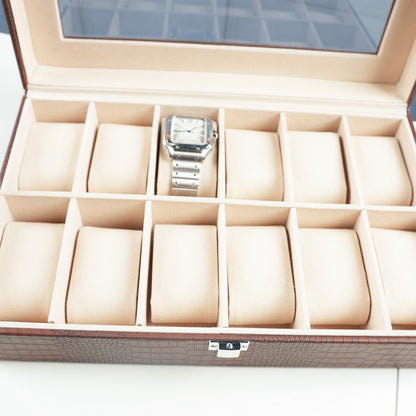 صندوق عرض ساعات من جلد التمساح مع غطاء زجاجي - 12 فتحة