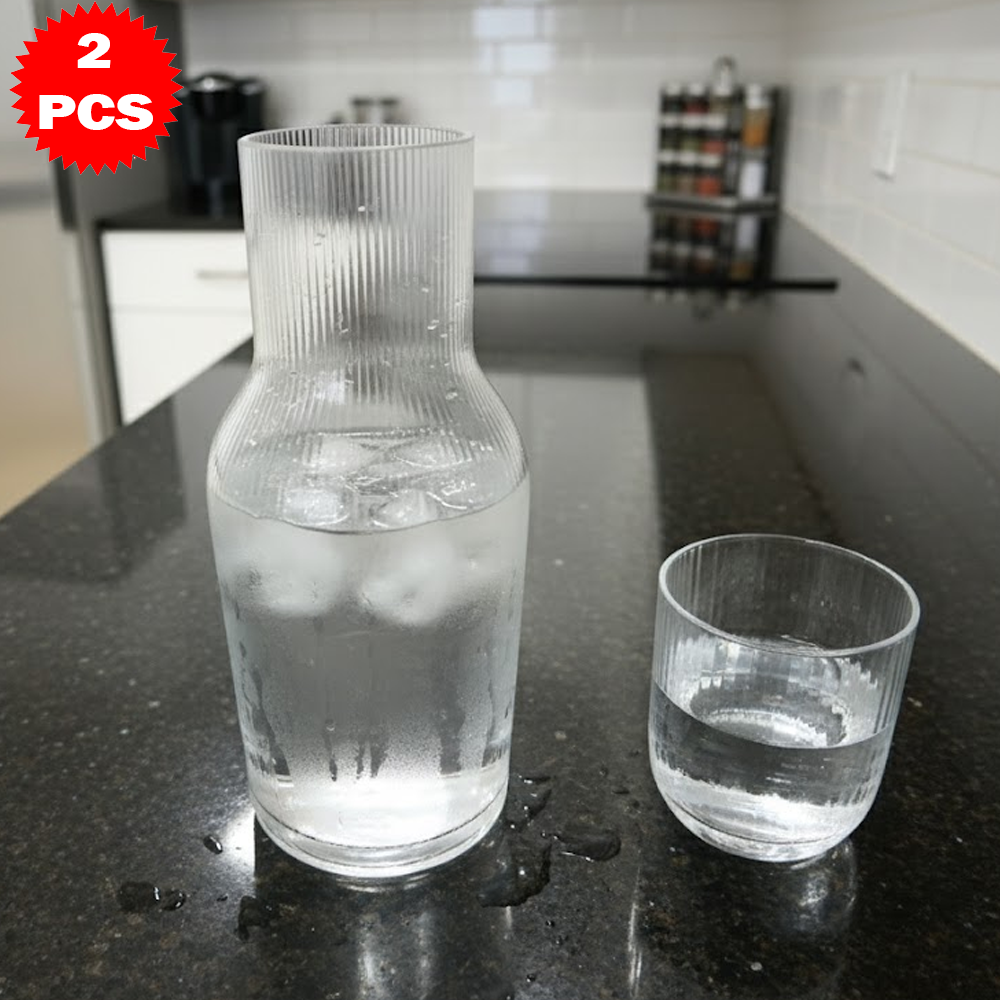 طقم قارورة وكوب زجاجي شفاف