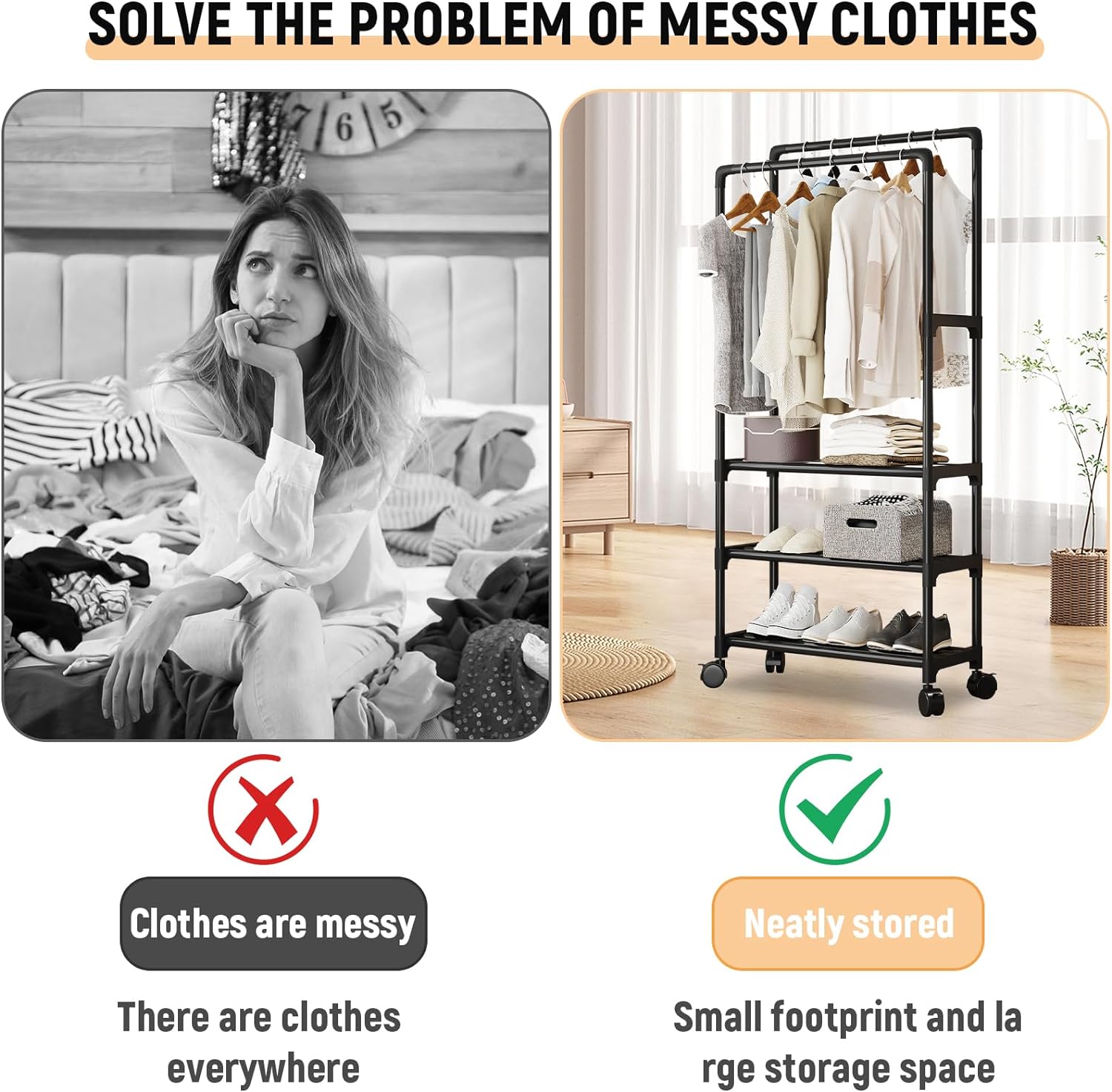 Clothes rack on wheels with 3 layers