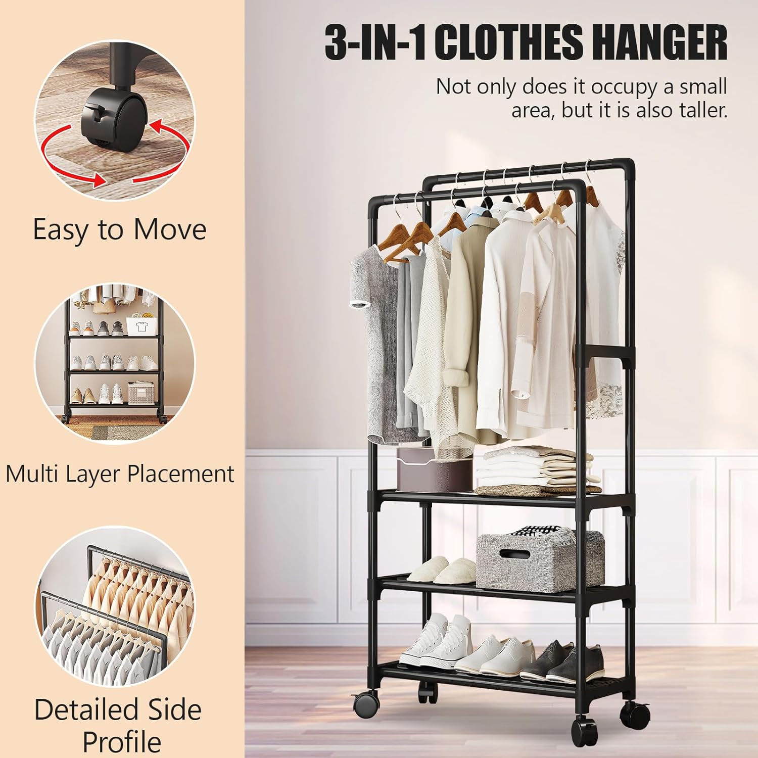 Clothes rack on wheels with 3 layers