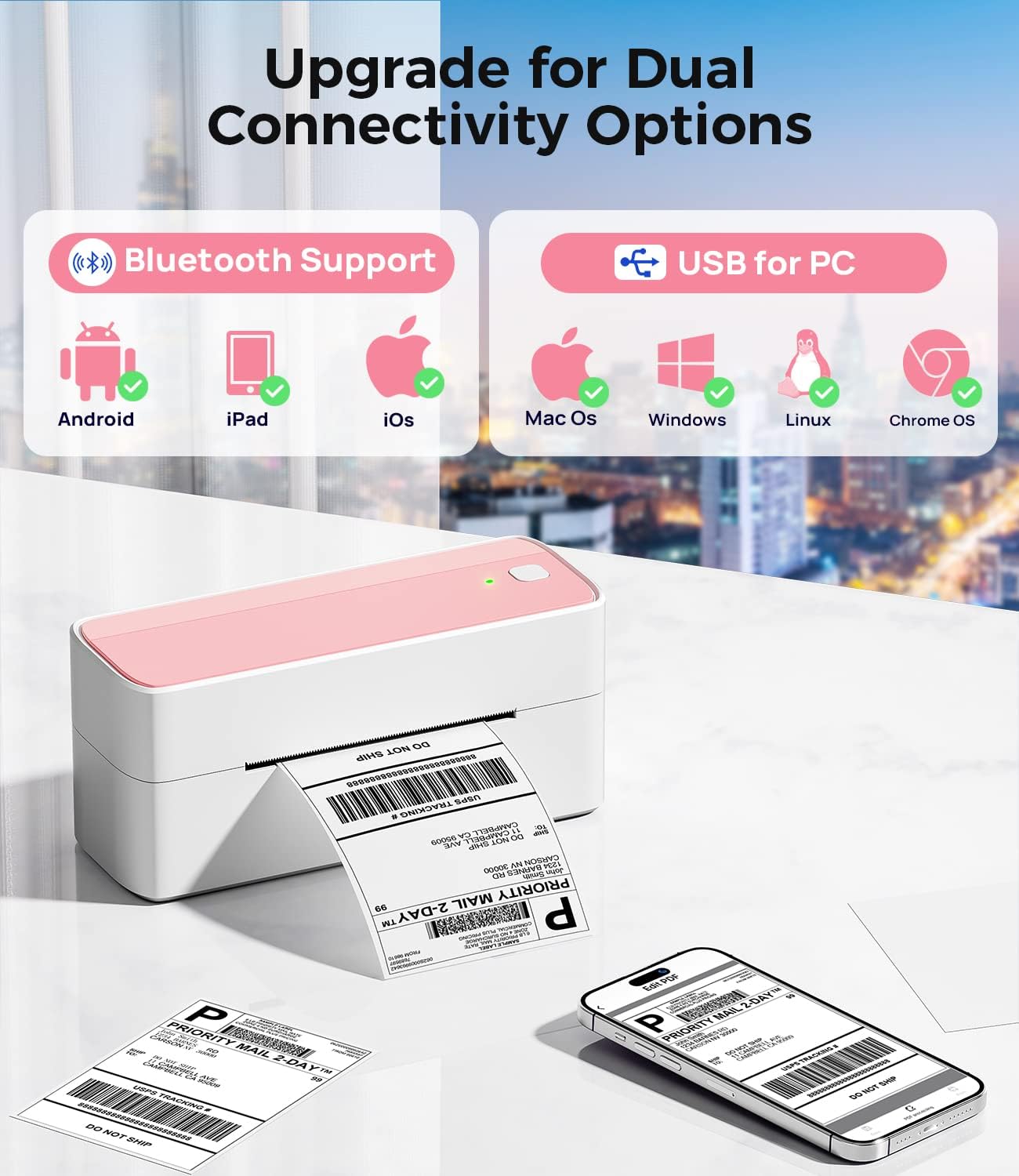 طابعة ملصقات شحن الحرارية Phomemo PM-241-BT / وردي+أبيض