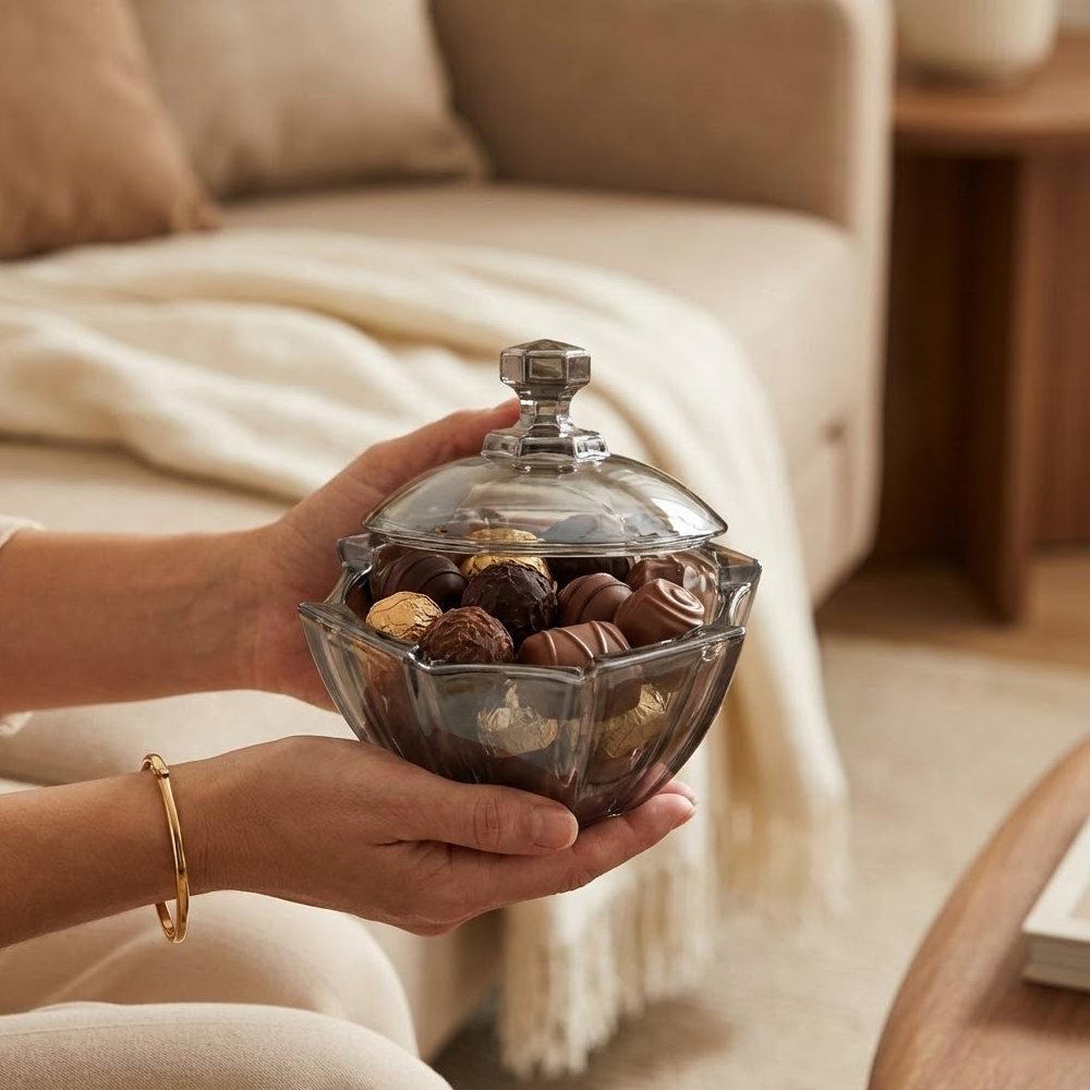 وعاء تقديم زجاجي بغطاء شفاف