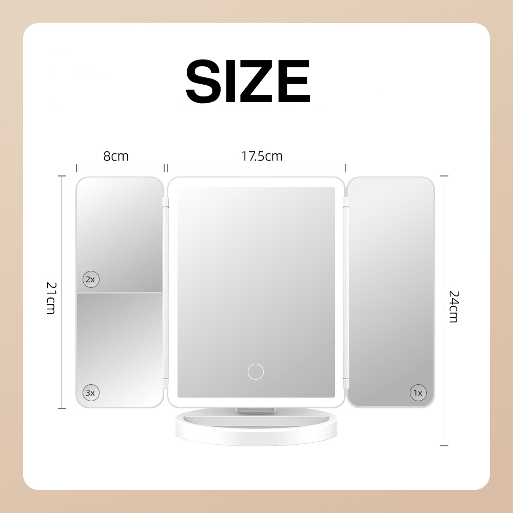 مرآة LED مع مكبرة ثلاثي الطي قابلة للشحن