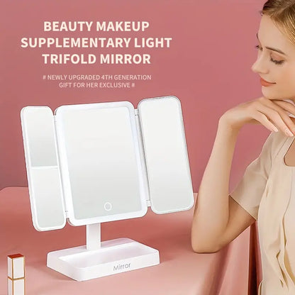 مرآة مكياج LED ثلاثية الطي مع 3 ألوان ضوء