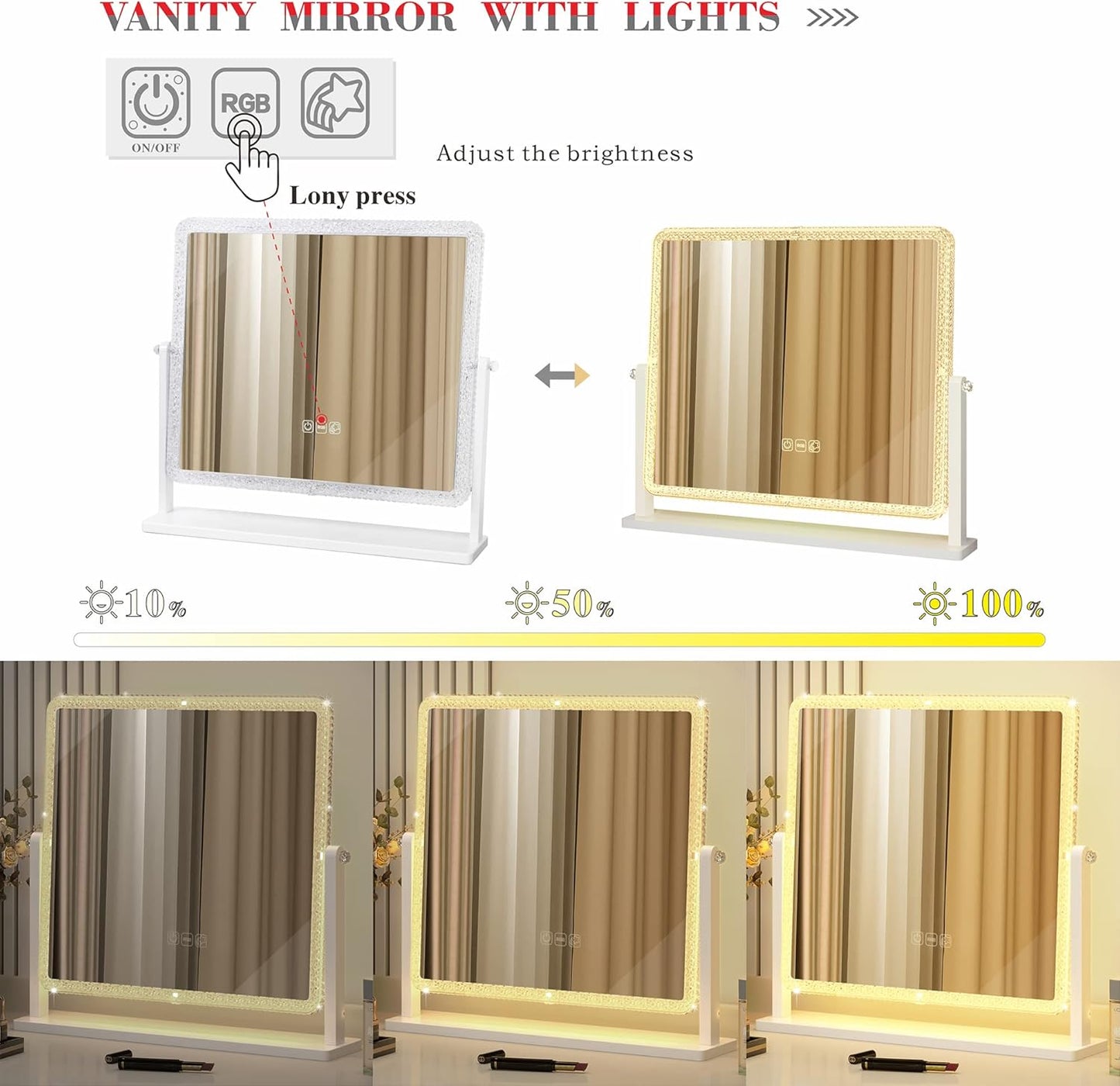 مرآة زينة تعمل باللمس مع إضاءة