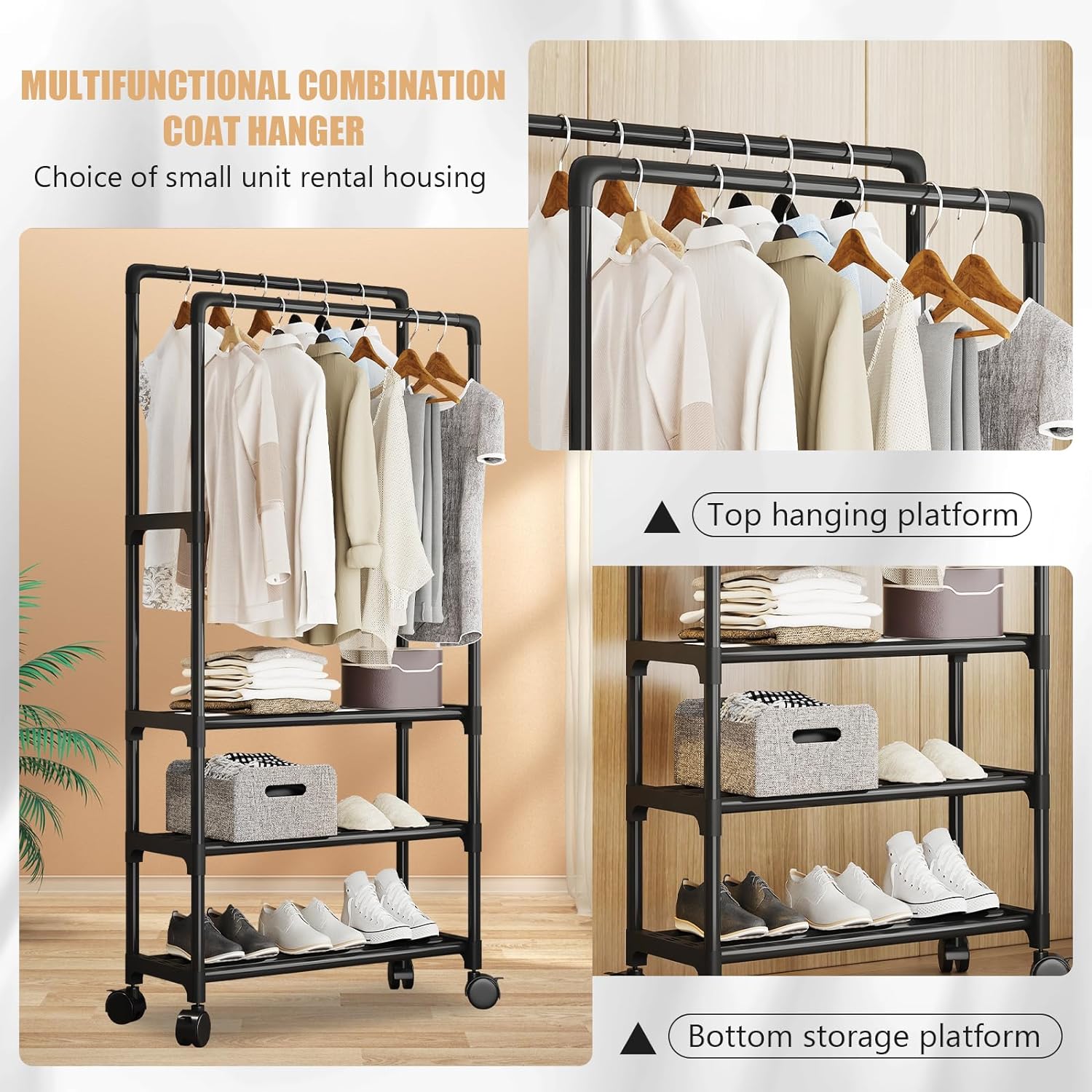 Clothes rack on wheels with 3 layers