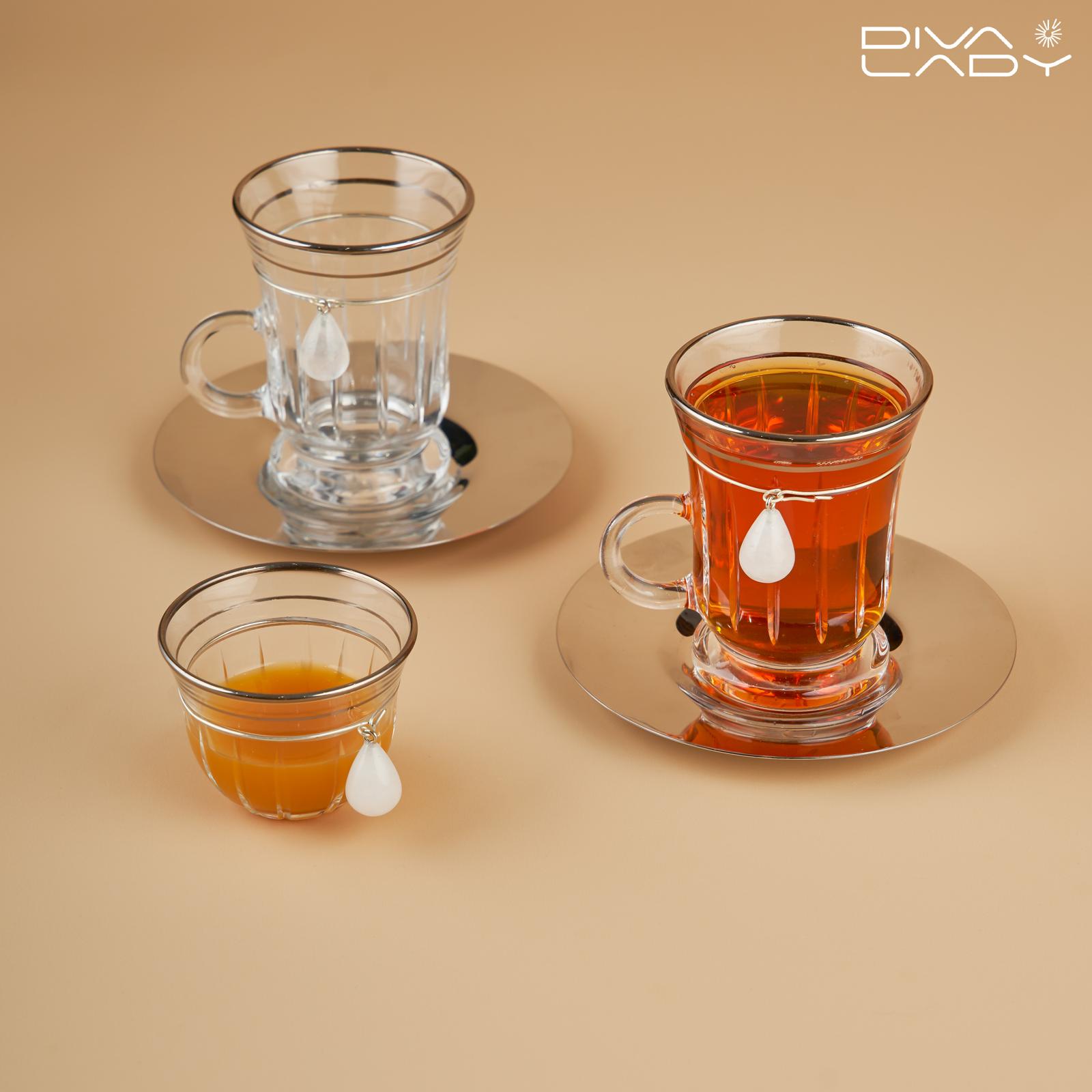 طقم استكانه و فنجان ١٨ قطعة فضى مع كريستال