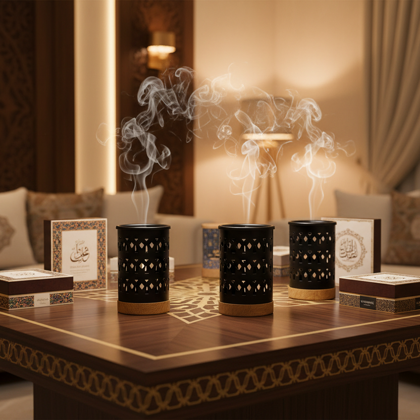 مبخر معدني بقاعدة خشبية