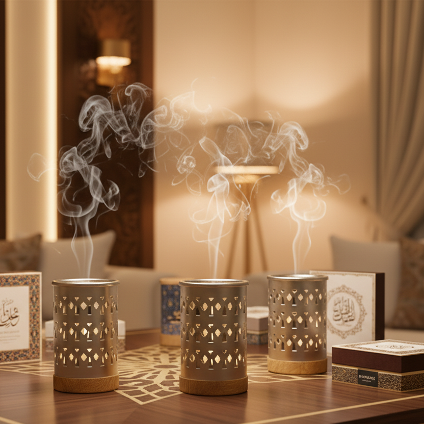 مبخر معدني بقاعدة خشبية