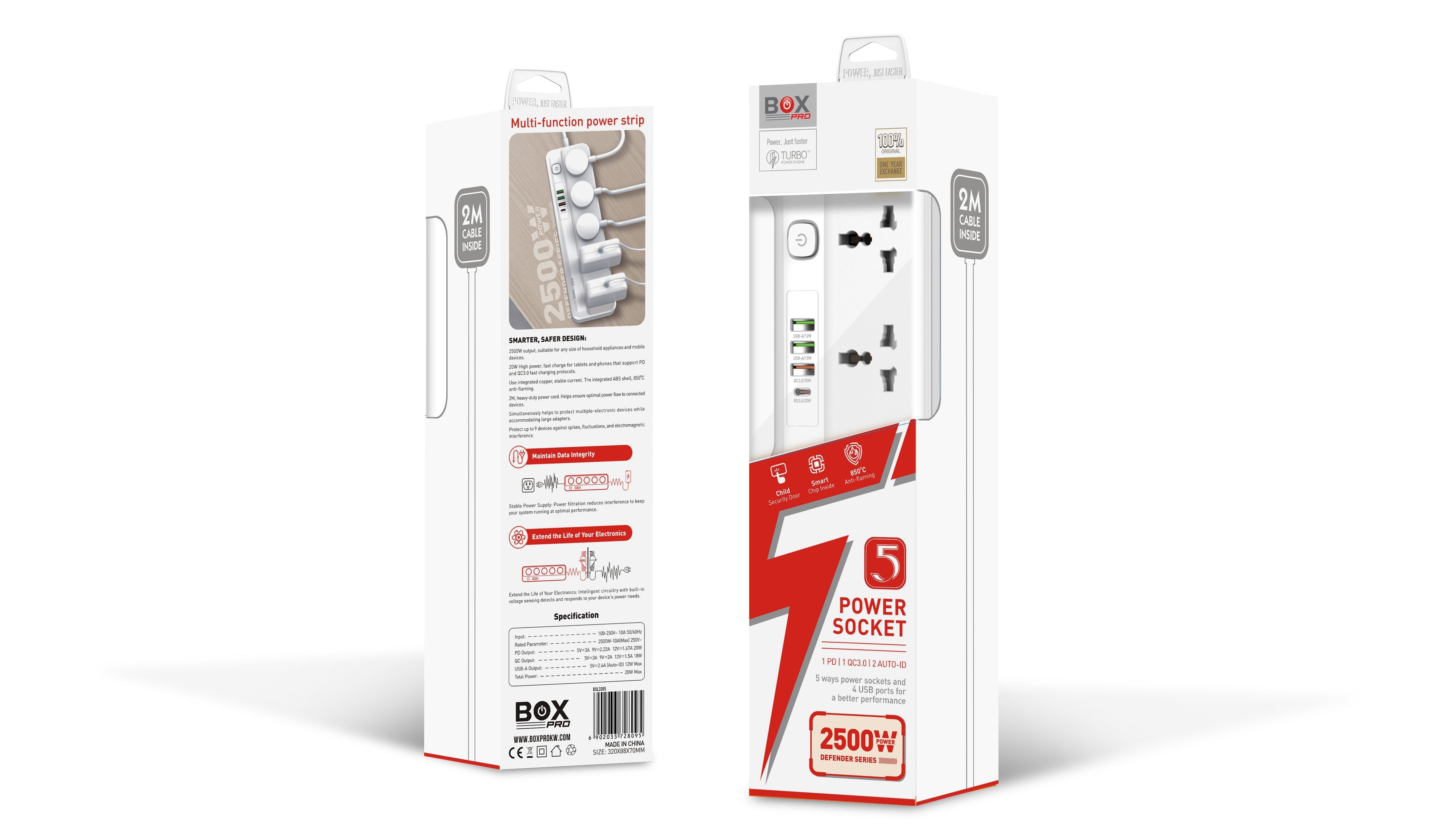 بوكس برو BSL3305 باور ستريب مع 5 مقابس PD20W وشاحن 3 منافذ USB