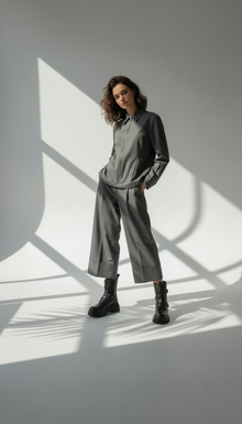 بدلة نسائي بجاكيت قصير وبنطال عريض