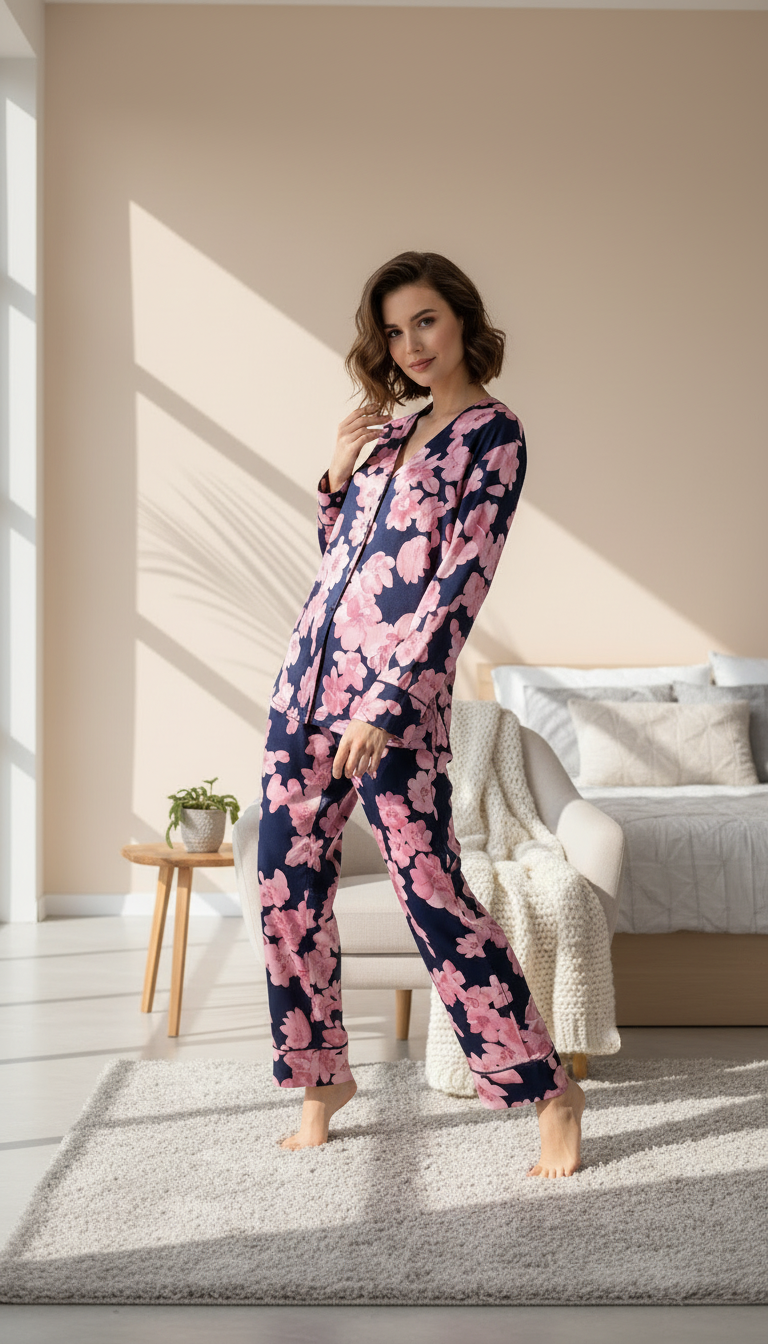 بيجامة نسائي بزهور كبيرة