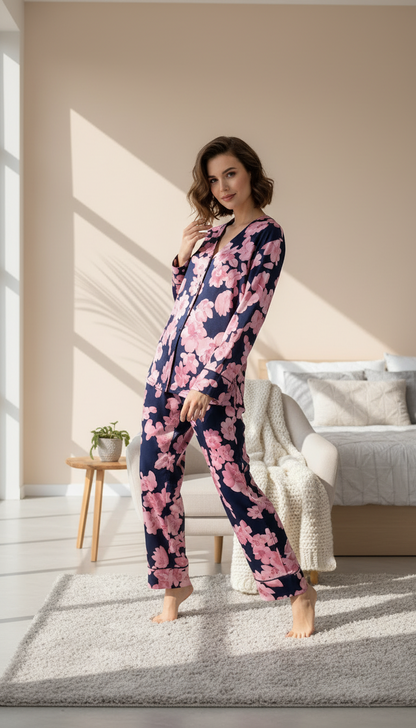 بيجامة نسائي بزهور كبيرة