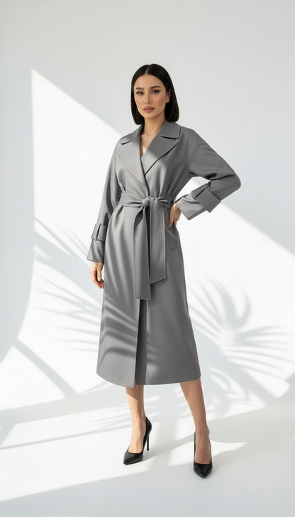 معطف كلاسيكي بياقة مطوية وحزام خصر