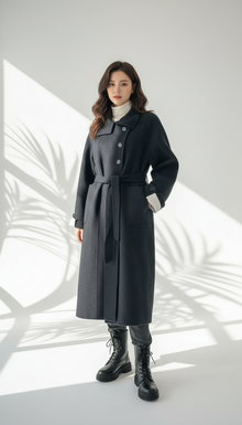 جاكيت طويل بياقة مدورة وحزام خصر