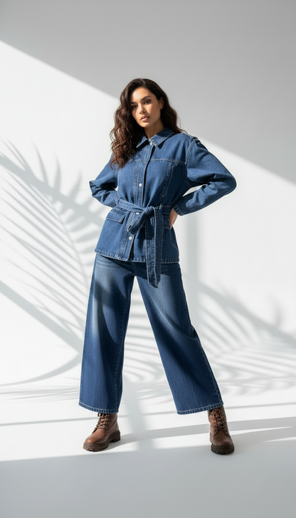 بدلة جينز نسائي برباط خصر