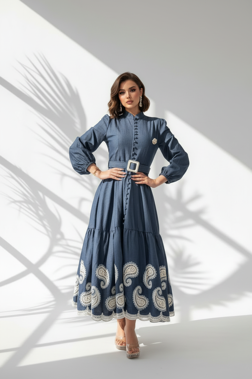 فستان طويل باكمام طويلة مطبع