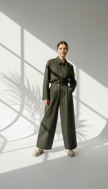 بدلة نسائي بجاكيت قصير وبنطال عريض