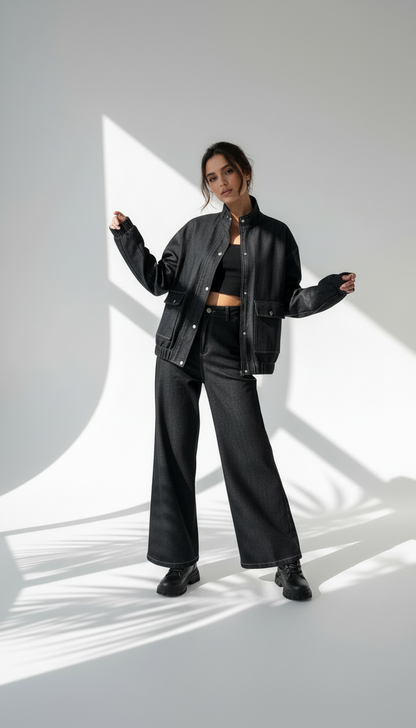 بدلة جينز بجاكيت مزموم الاسفل